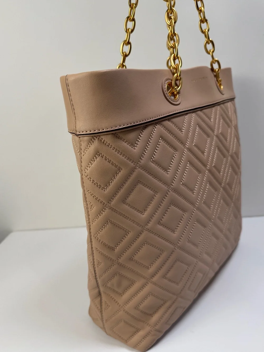 Tory Burch FLEMING Tote Quilted Leather Dual Chain Straps New Mink Like New